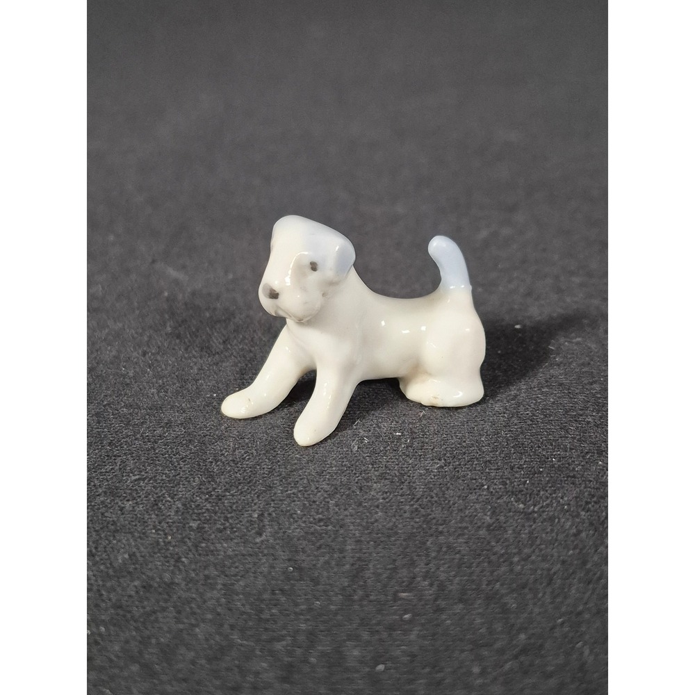 Vintage Miniature Porcelain Terrier Dog Figurine Made in Japan White Blue Grey